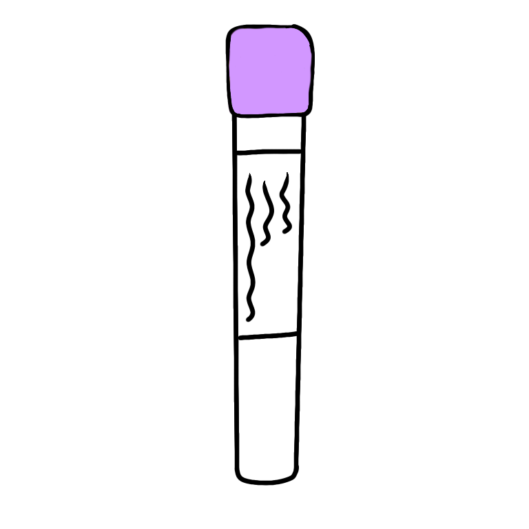 A lavender topped blood collection tube. The tube is cylindrical with a lavender plastic cap and a transparent body.